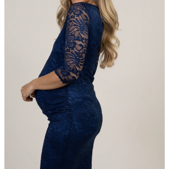 Navy Lace Fitted 3/4 Sleeve Maternity Dress - Picture 2 of 4